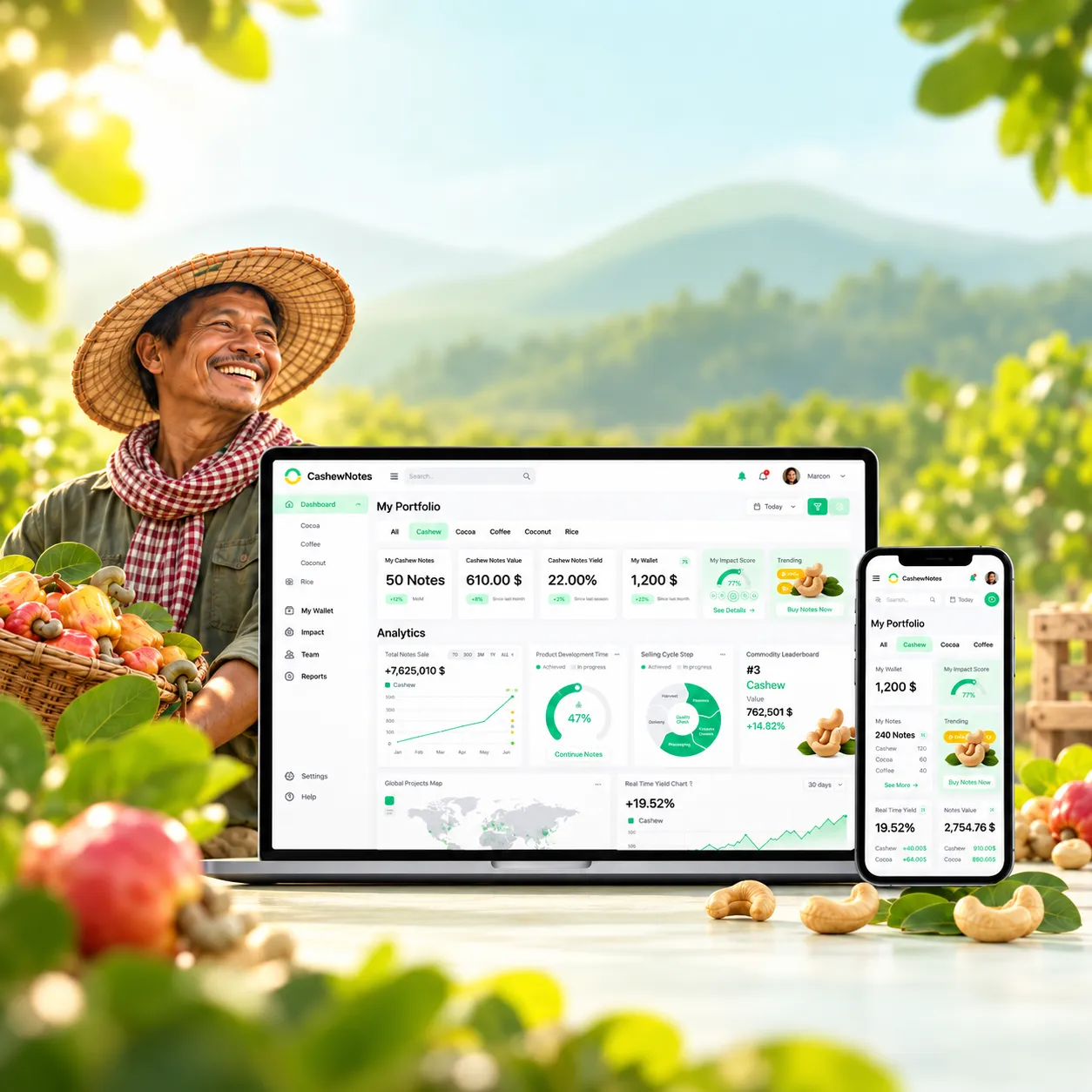 Cambodian cashew farmers and raw crop at collection